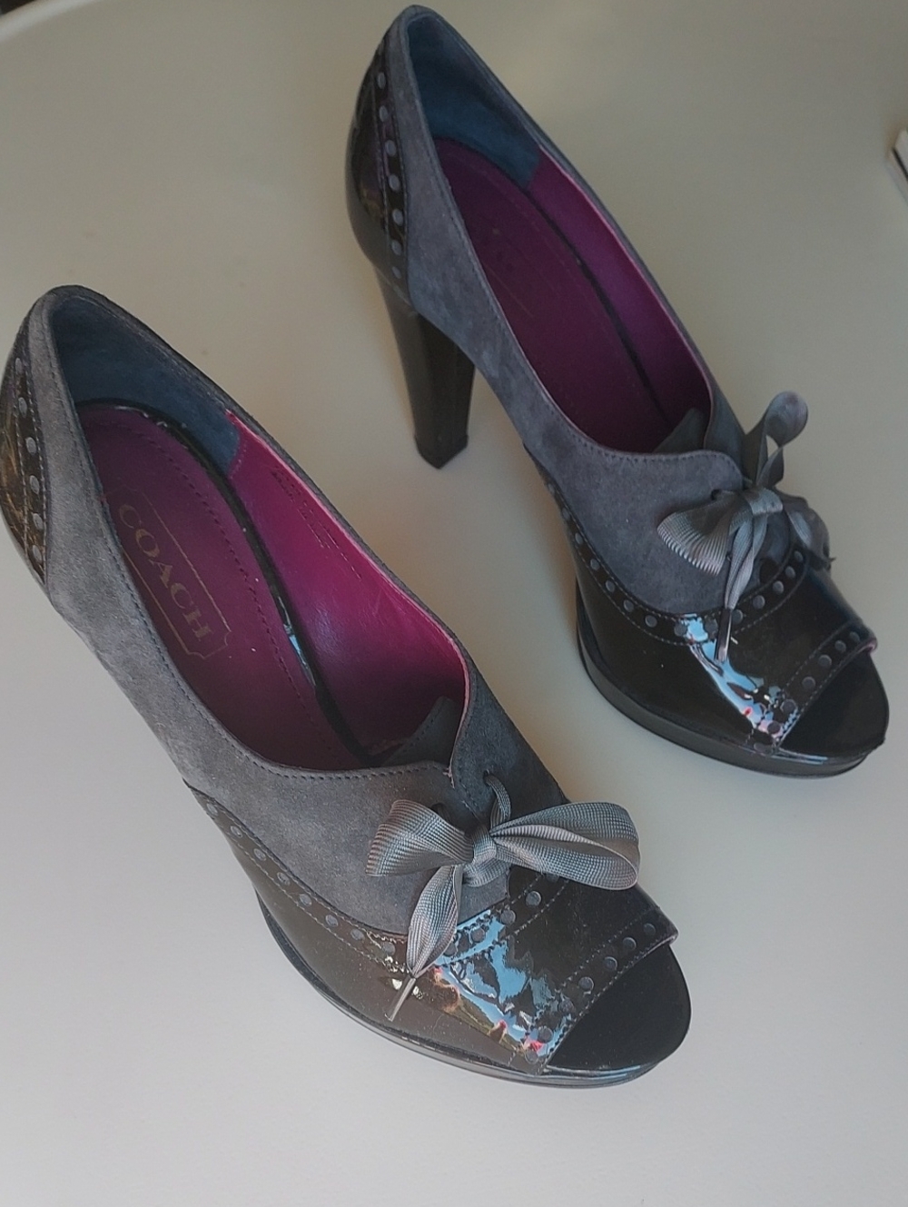 Coach Gray Suede & Black Patent Peep-Toe Heels with Bow